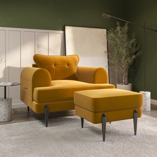 Mustard Velvet Armchair and Footstool Set - Rosie