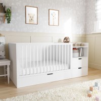 White Convertible Cot Bed with Drawer and Changer and Mattress 140 x 70 cm - Roscoe