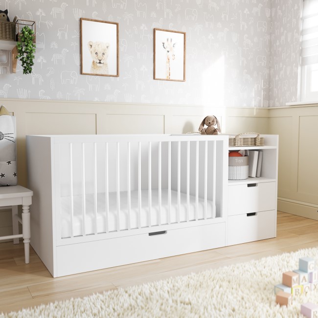 White Convertible Cot with Drawer and Changer and Mattress 120 x 60 cm - Roscoe