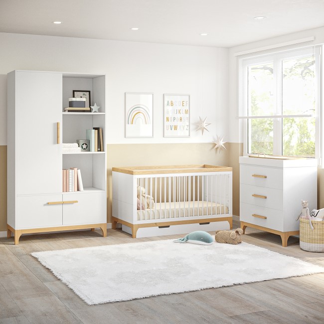 White and Wood Convertible Cot Bed with Drawer Storage - Rue