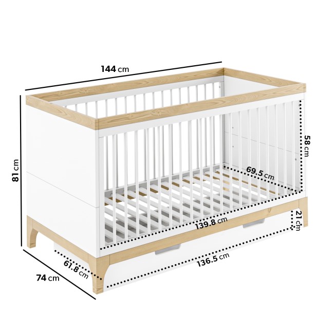 White and Wood Convertible Cot Bed with Drawer Storage - Rue