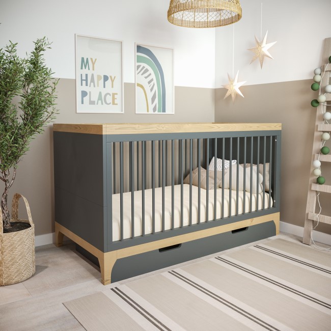 Grey and Wood Convertible Cot Bed with Drawer Storage and Mattress 140 x 70 cm - Rue