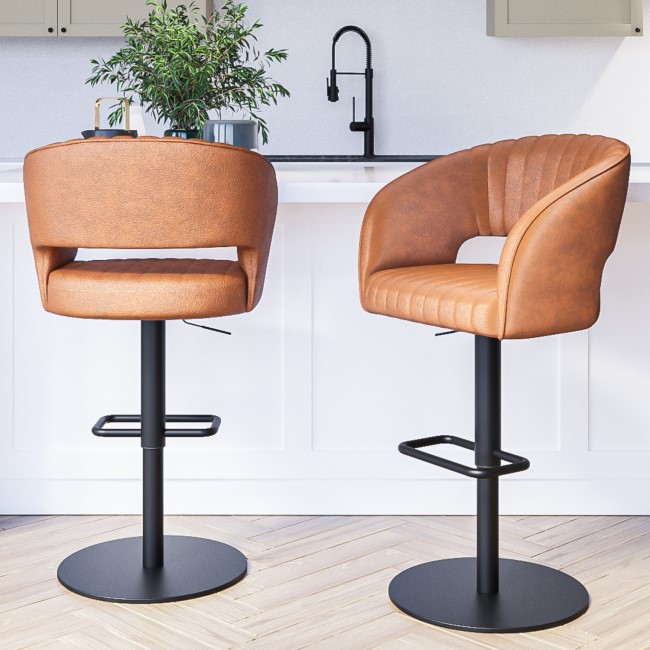 Set of 2 Curved Tan Faux Leather Adjustable Swivel Bar Stools with Back - Runa