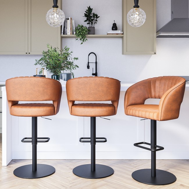 Set of 3 Curved Tan Faux Leather Adjustable Swivel Bar Stools with Backs - Runa