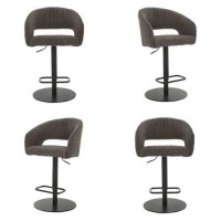 Set of 4 Curved Dove Grey Faux Leather Adjustable Swivel Bar Stools with Backs - Runa