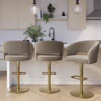 Set of 3 Curved Mink Matt Velvet Adjustable Swivel Bar Stool with Gold Base - Runa