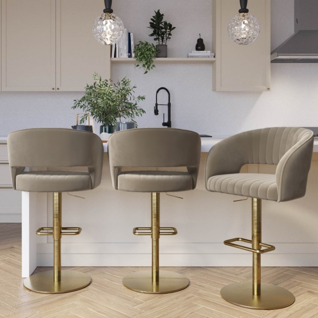 Set of 3 Curved Mink Matt Velvet Adjustable Swivel Bar Stools with Gold Base - Runa