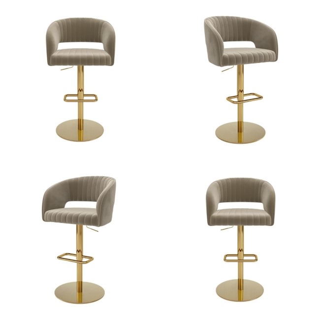 Set of 4 Curved Mink Matt Velvet Adjustable Swivel Bar Stools with Gold Base - Runa