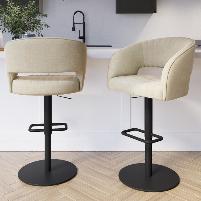 Set of 2 Beige Fabric Adjustable Swivel Curved Bar Stools with Black Base - Runa