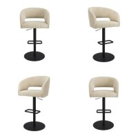 Set Of 4 Curved Beige Fabric Adjustable Swivel Bar Stools with Black Base - Runa