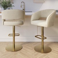 Set Of 2 Curved Beige Fabric Adjustable Swivel Bar Stools with Gold Base - Runa