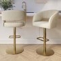 Set Of 2 Curved Beige Fabric Adjustable Swivel Bar Stools with Gold Base - Runa