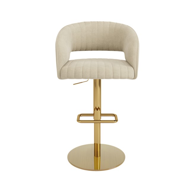 Set Of 2 Curved Beige Fabric Adjustable Swivel Bar Stools with Gold Base - Runa