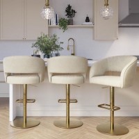 Set Of 3 Curved Beige Fabric Adjustable Swivel Bar Stool with Gold Base - Runa