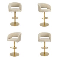 Set Of 4 Curved Beige Fabric Adjustable Swivel Bar Stools with Gold Base - Runa