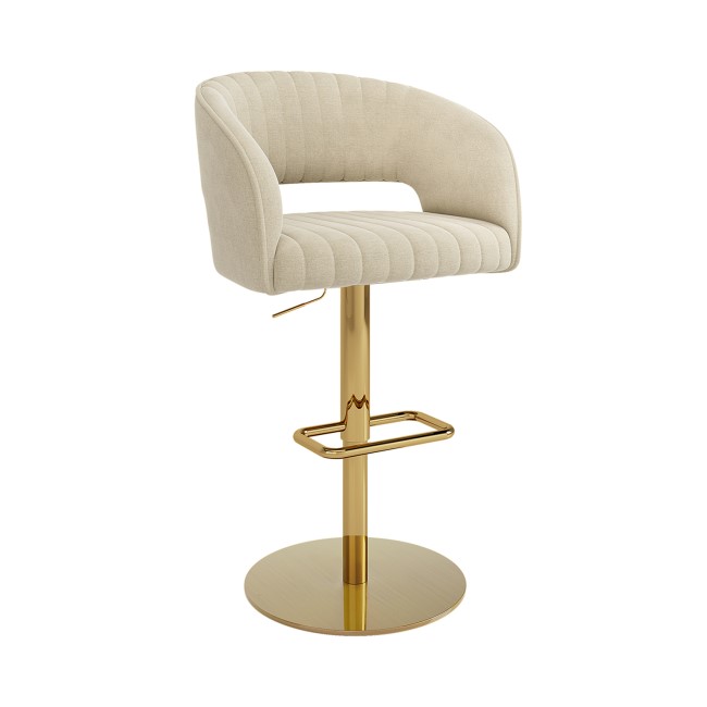 Set Of 4 Curved Beige Fabric Adjustable Swivel Bar Stools with Gold Base - Runa