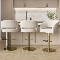 Set of 3 Curved Beige Boucle Adjustable Swivel Barstools with Gold Base - Runa