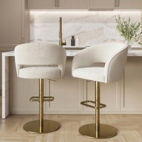 Set of 2 Curved Beige Boucle Adjustable Swivel Barstools with Gold Base - Runa