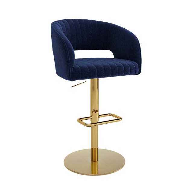 Set of 3 Curved Navy Fabric Adjustable Swivel Barstools with Gold Base - Runa