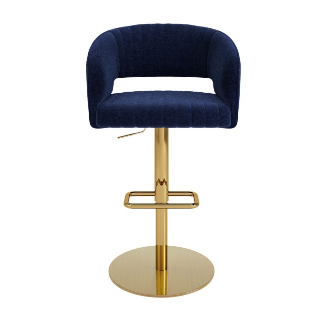 Runa Curved Navy Blue Fabric Adjustable Swivel Barstool with Gold Base