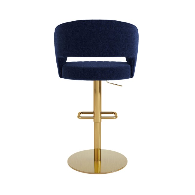 Runa Curved Navy Blue Fabric Adjustable Swivel Barstool with Gold Base