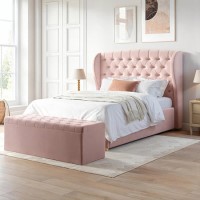 Pink Velvet Double Ottoman Bed with Blanket Box - Safina