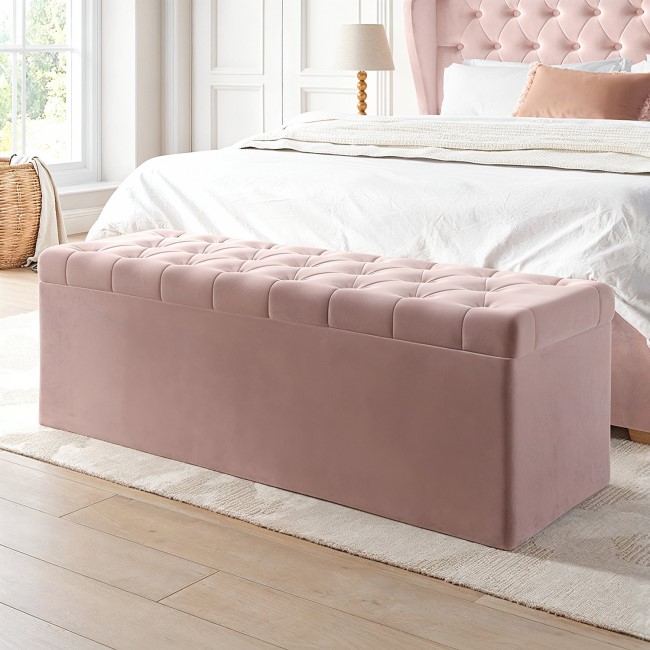 Pink Velvet Small Double Ottoman Bed with Blanket Box - Safina