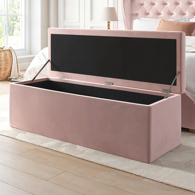 Pink Velvet Small Double Ottoman Bed with Blanket Box - Safina