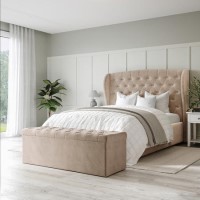 Beige Velvet Double Ottoman Bed with Blanket Box - Safina