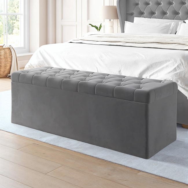 Grey Velvet Super King Ottoman Bed with Blanket Box - Safina