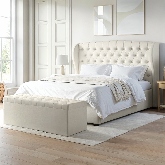 Cream Upholstered Super King Ottoman Bed with Blanket Box - Safina