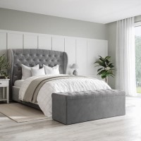 Grey Velvet Small Double Ottoman Bed with Blanket Box - Safina