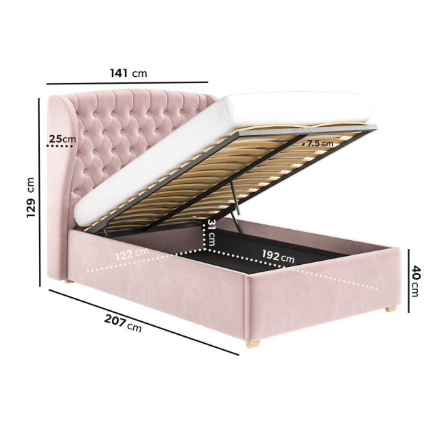 Pink Velvet Small Double Ottoman Bed with Blanket Box - Safina