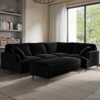 Black Velvet 4 Seater Right Hand Corner Sofa and Long Footstool Set - Payton