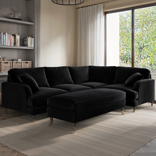 Black Velvet 4 Seater Right Hand Corner Sofa and Long Footstool Set - Payton