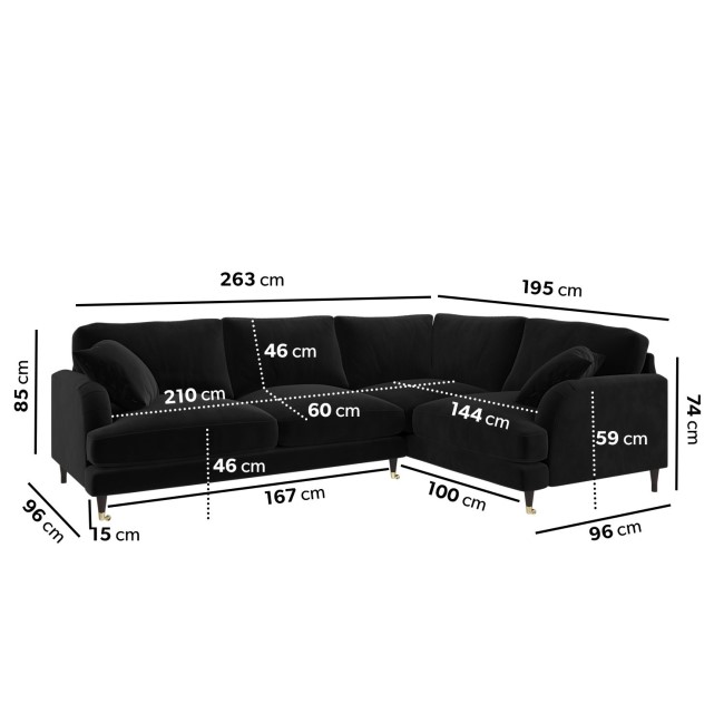 Black Velvet 4 Seater Right Hand Corner and 2 Seater Sofa - Payton