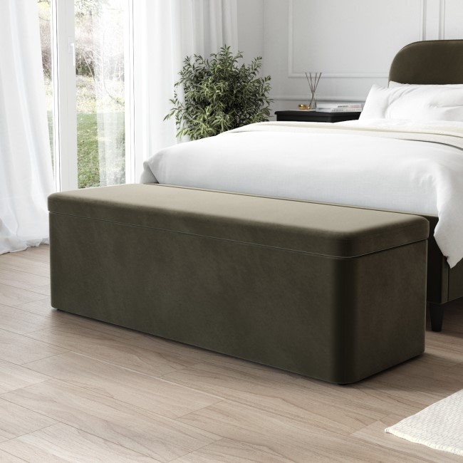 Khaki Green Velvet Super King Bed Frame with Blanket Box - Zara