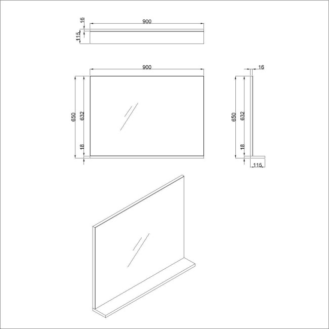 Rectangular Dark Oak Mirror With Shelf 650 x 900mm - Boston