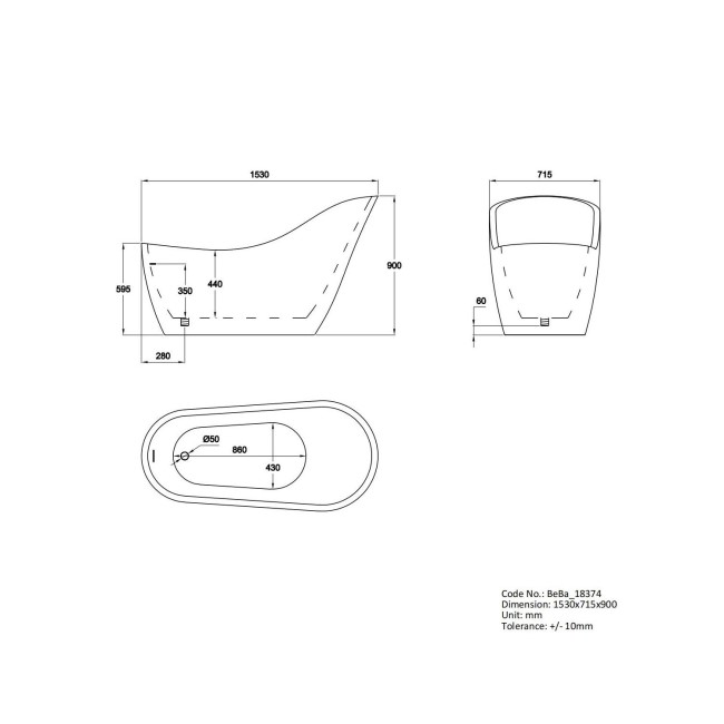 Freestanding Single Ended Slipper Bath 1520 x 715mm - Newport