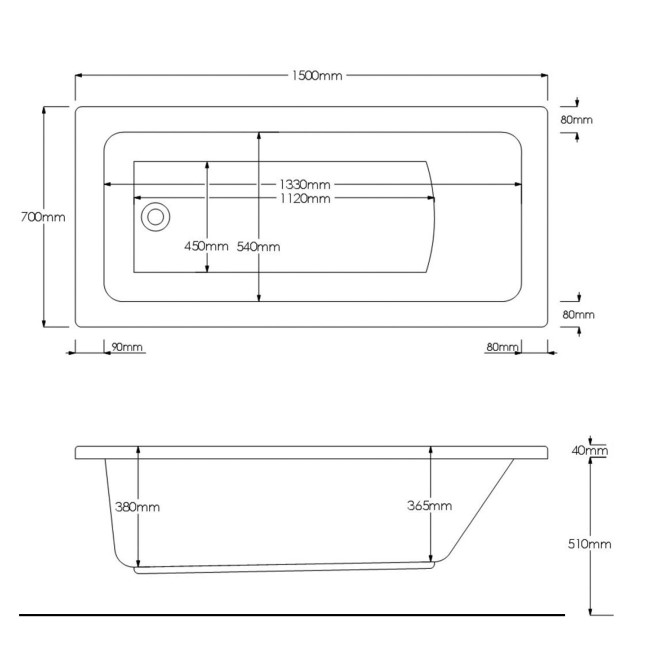 Rutland Square Single Ended Bath - 1500 x 700mm