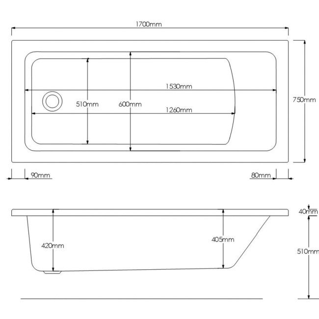 Rutland Square Single Ended Bath - 1700 x 750mm