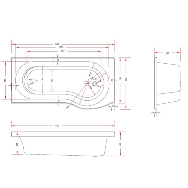 P Shape Shower Bath Left Hand with Front Panel & Chrome Bath Screen 1700 x 850mm - Portland