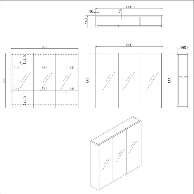 3 Door White Mirrored Bathroom Cabinet 800 x 650mm - Ashford