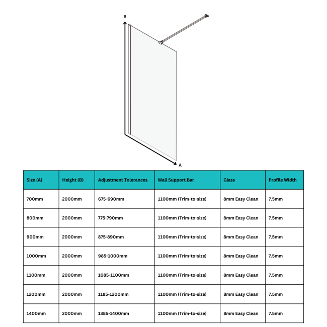 Wet Room Shower Screen 800mm Frameless with Wall Support Bar - Corvus