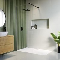 Wet Room Shower Screen 800mm Black Frameless with Wall Support Bar - Corvus