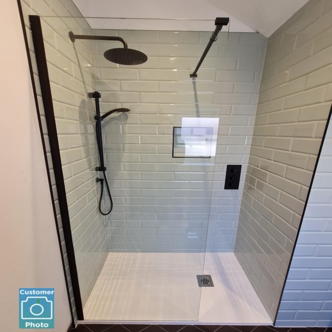 Wet Room Shower Screen 900mm Black Frameless with Wall Support Bar - Corvus