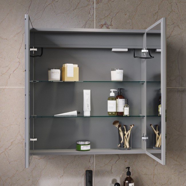 Double Door Chrome Mirrored Bathroom Cabinet with Lights 800 x 700mm - Capricorn