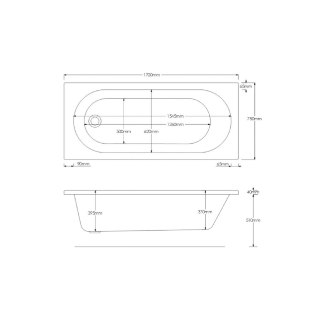 Single Ended Whirlpool Spa Bath with 14 Whirlpool Jets 1700 x 750mm - Alton