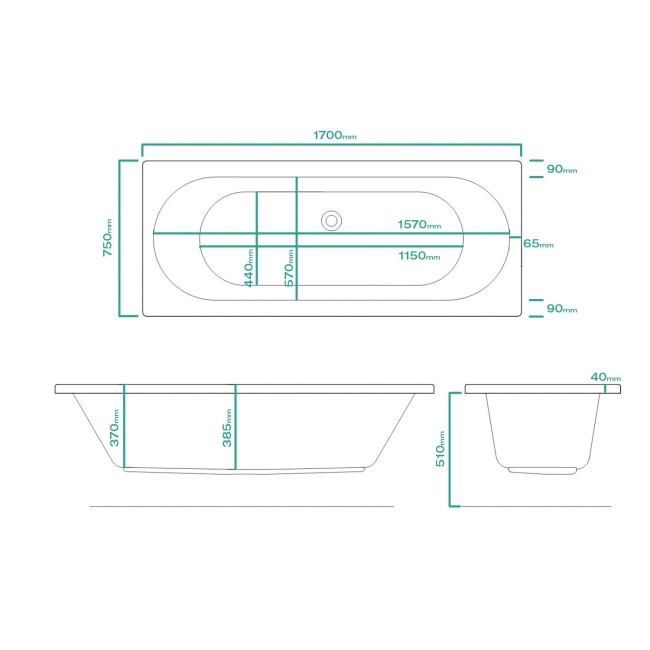 Double Ended Whirlpool Spa Bath with 14 Whirlpool Jets 1700 x 750mm - Burford