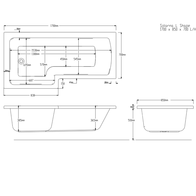 L Shape Shower Bath Right Hand with Front Panel & Bath Screen 1700 x 750mm - Yale